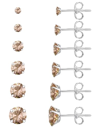 6 Pairs Stud Earrings Set, Hypoallergenic Cubic Zirconia 316L Earrings Stainless Steel CZ Earrings 3-8mm (Steel color) - color: A-010-Champagne Color