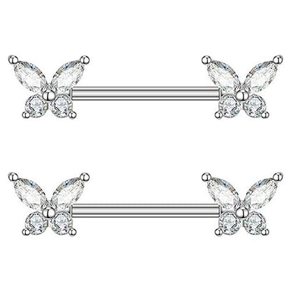 316L Stainless Steel Nipple Rings, Surgical Steel Nipple Bars, 14G Nipple Piercing Barbell, Sparkle Cubic Zircons CZ, Nipple Piercing Jewelry - color: Butterfly Silver CZ