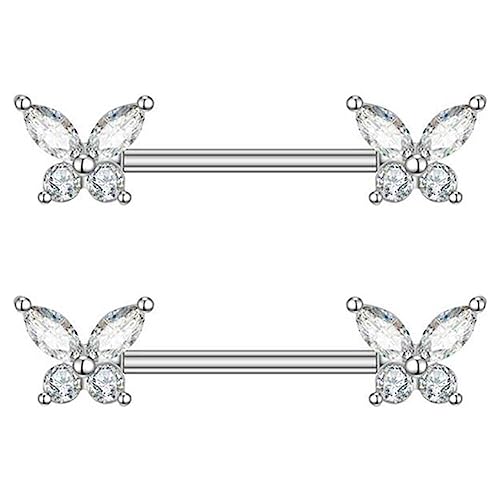 316L Stainless Steel Nipple Rings, Surgical Steel Nipple Bars, 14G Nipple Piercing Barbell, Sparkle Cubic Zircons CZ, Nipple Piercing Jewelry - color: Butterfly Silver CZ