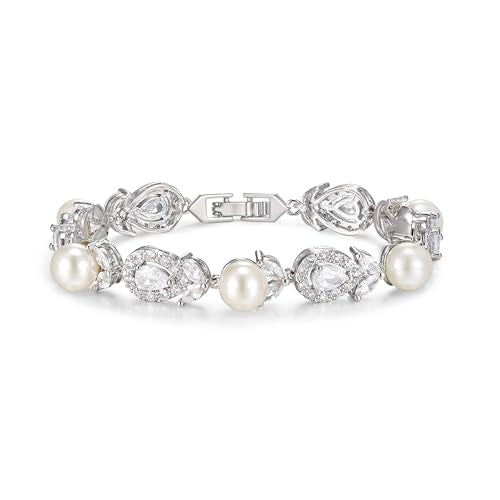 EVER FAITH Cubic Zirconia Pearl Bridal Prom Tennis Bracelet for Women | Elegant Pear CZ Wedding Jewelry Gift, for Bride Bridesmaid - style: Teardrop_Silver-Plated-Brass