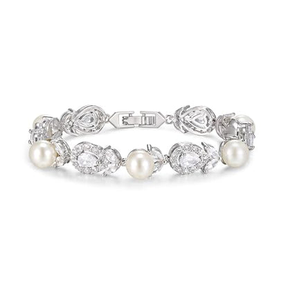 EVER FAITH Cubic Zirconia Pearl Bridal Prom Tennis Bracelet for Women | Elegant Pear CZ Wedding Jewelry Gift, for Bride Bridesmaid - style: Teardrop_Silver-Plated-Brass