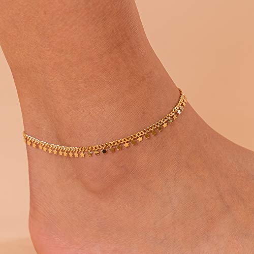 PAVOI 14K Gold Plated Anklet for Women - Trendy Link Chain Ankle Bracelet Summer Jewelry - Boho Dainty Anklets with Cubic Zirconia, Beaded, Evil Eye, Star, Station, Pearls Adjustable Gold Jewelry - style: Star