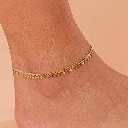 PAVOI 14K Gold Plated Anklet for Women - Trendy Link Chain Ankle Bracelet Summer Jewelry - Boho Dainty Anklets with Cubic Zirconia, Beaded, Evil Eye, Star, Station, Pearls Adjustable Gold Jewelry - style: Star