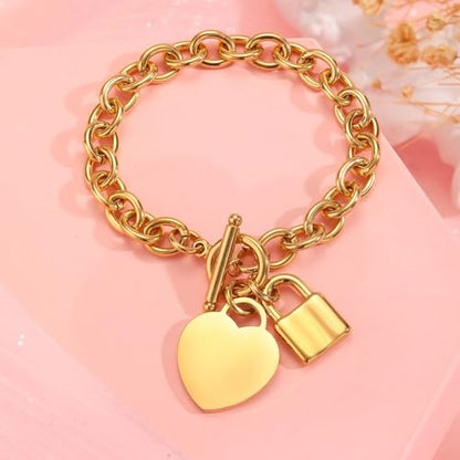 VNOX Personalized Initial Name Stainless Steel Trendy Cable Chain Bracelet Neckalce Set with Padlock Heart Charm and Toggle Clasp Closure - color: Gold Bracelet