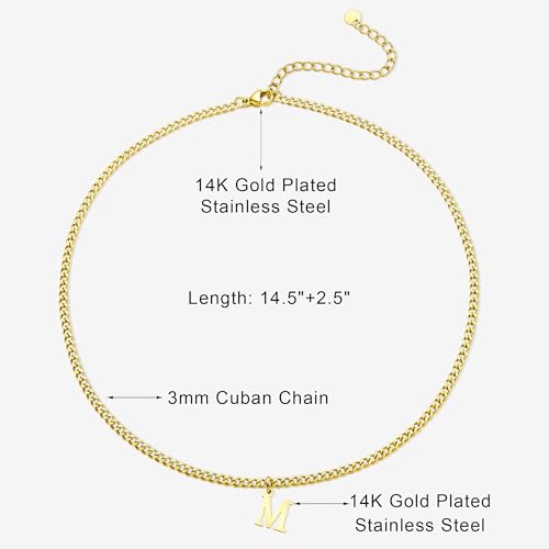Gold Initial Necklace for Women, 3mm Cuban Link Letter Necklace, 14.5"+2.5" Adjustable Choker, Gold Plated A-Z Alphabet Pendant Necklace, Personalized Jewelry Gift for Her - style: M