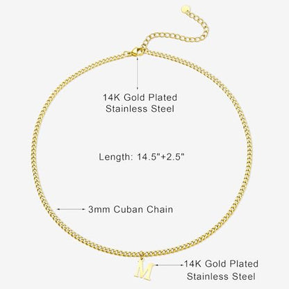 Gold Initial Necklace for Women, 3mm Cuban Link Letter Necklace, 14.5"+2.5" Adjustable Choker, Gold Plated A-Z Alphabet Pendant Necklace, Personalized Jewelry Gift for Her - style: M