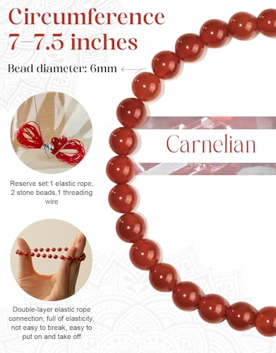 Natural Stone Beaded Bracelets for Men Women, 4mm 6mm 8mm | Healing Crystal, Protection Gemstone, Gift Packaging with Energy Card, Stretch Jewelry, Replacement Beads Included, 18 Stone - color: Carnelian(Luck & Vitality), size: 6mm