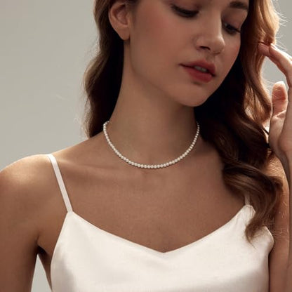 Zeffy Pearl Necklace 4MM/6MM/8MM Dainty Round Imitation Pearl Choker Necklace Wedding Pearl Necklace Delicate Jewelry for Women Simple Bridesmaid Jewelry Gifts - style: 4mm Gold Pearl Necklace(14"+2")