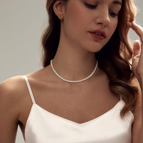 Zeffy Pearl Necklace 4MM/6MM/8MM Dainty Round Imitation Pearl Choker Necklace Wedding Pearl Necklace Delicate Jewelry for Women Simple Bridesmaid Jewelry Gifts - style: 4mm Gold Pearl Necklace(14"+2")