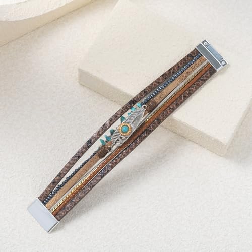 Western Turquoise Leather Cuff Bracelets Boho Feather Cowgirl Jewelry | Stackable Country Hippie Wrap Bangle Set Magnetic Clasp Chunky Beaded Stone Bohemian Statement Outfits for Women Trendy - color: Brown