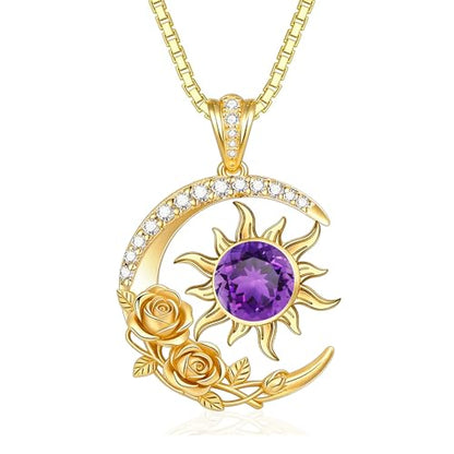 Midari 18K Yellow Gold Sun Moon Star Pendant Rose Flower Necklaces I Love You Forever Sun Moon Jewelry Gift for Mother Women - color: 02-Feb-Amethyst, style: Sun&Moon