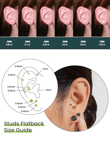 6 Pairs Hypoallergenic Cubic Zirconia Earrings Surgical Steel Flat Back Studs for Cartilage, Screw Back Fashion Jewelry - color: A-014-Black