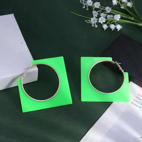 Colorful Large Hoop Earrings for Women Big Square Hollow Hoops Dangle Earrings Trendy Chunky Geometric Square Earring 80s 90s Neon Hoop Dangle Earrings - color: green