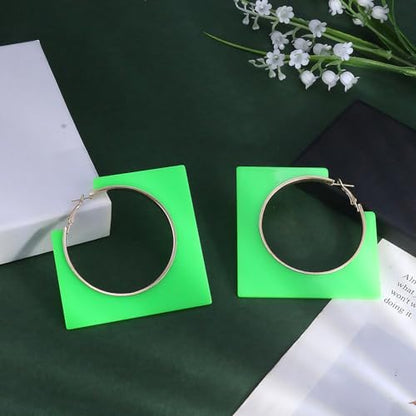 Colorful Large Hoop Earrings for Women Big Square Hollow Hoops Dangle Earrings Trendy Chunky Geometric Square Earring 80s 90s Neon Hoop Dangle Earrings - color: green
