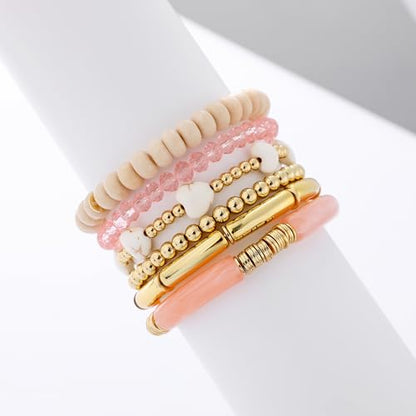 GOOJIDS Simple Beaded Gold Plated Bangles Bracelet Chunky Bamboo Tube Curved Stacking Clear Acrylic Colorful Beads Stretchable Gold Plated Bracelets Set For Women - color: A-A1 Gold Bead Set D
