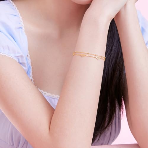 ZHOU LIU FU 18K Yellow Gold Charm Bracelet Hollow Heart Star Butterfly Charms Delicate Double Chain Bracelets Adjustable Cute Jewelry for Women Her Mom Daughter Birthday Anniversary 16+3cm/6.3-7.5" - style: Heart