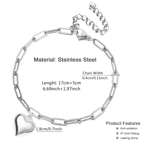 Stainless Steel Puffy Heart Charms Paperclip Chain Bracelet | Paper Clip,for Women,Love - color: Silver Color