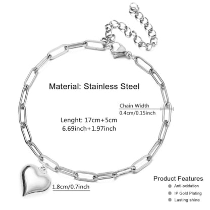 Stainless Steel Puffy Heart Charms Paperclip Chain Bracelet | Paper Clip,for Women,Love - color: Silver Color