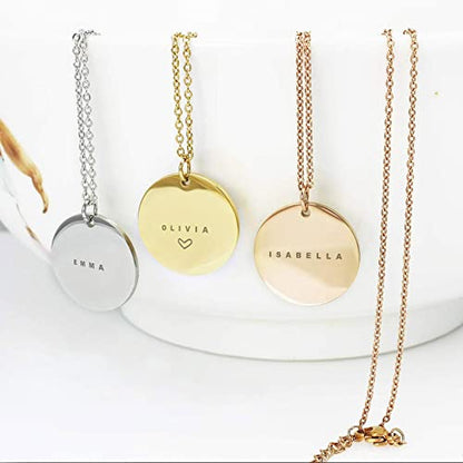 Personalized Engraved Name Necklace Minimalist Disc Jewelry Stainless Steel Dainty Pendant Birthday Mommy Gift