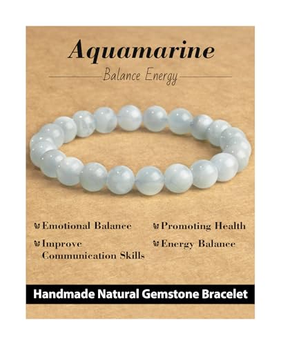 Natural Stone Beaded Bracelets for Men Women, 4mm 6mm 8mm | Healing Crystal, Protection Gemstone, Gift Packaging with Energy Card, Stretch Jewelry, Replacement Beads Included, 18 Stone - color: Aquamarine(Emotional Balance), size: 8mm