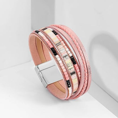 Women's Multi Layer Leather Wrap Bracelet String Bracelets for Women, Boho Braid Multi-Layer Crystal Beads Cuff Women Bracelet Jewelry - color: Pink