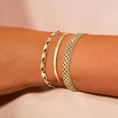 Cuzmly Bracelets for Women, Waterproof 14K Gold/Silver Plated Stackable Bracelets for Women Non Tarnish Trendy Dainty Paperclip Figaro Box Herringbone Hand Chain Bracelet Pack Stack Adjustable Jewelry for Women - style: 3 Net