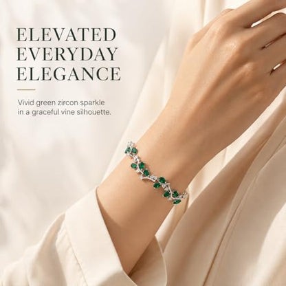 Emerald Green CZ Leaf Vine Tennis Bracelet for Women, Rhodium-Plated Brass, 8" Oval-Cut Cluster Floral Link, 5.1 mm Dainty Sparkle Gift Jewelry