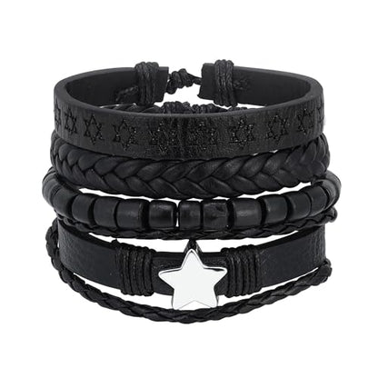 Braided Faux Leather Bracelet Punk Cuff Wrap Bracelets for Men Women Skull,Star,Bull bracelets - color: A1:4PCS