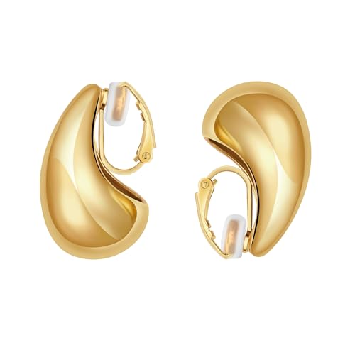 Clip on Earrings Women, 14K Gold Hoop Clip-On Earrings for Women, Hypoallergenic Non Pierced Croissant Earrings - color: Gold Teardrop