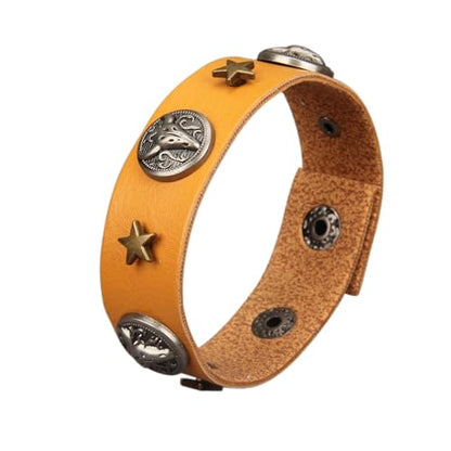 Jeilwiy Punk Leather Wristbands for Men Bracelets Handmade Wide Cuff Bangle Braided Jewelry Black Brown Adjustable - Punk Father's Gifts - color: Rocker Star & Orange
