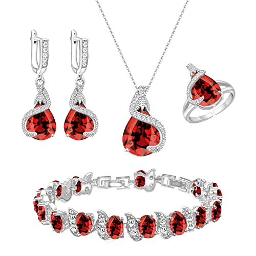 GZWHD Jewelry Set for Women Water Drop Cubic Zirconia Artificial Crystal Earrings Pendant Necklace Open Ring Tennis Bracelet Wedding Anniversary Birthday Engagement Gift for Bridesmaid Wife Girlfriend Friend - color: Garnet