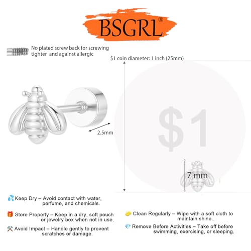 Flat Back Earrings for Women Cartilage Helix | Comfortable Dainty Cute Dragon Bee Bird Phoenix Dragonfly Cute Animal Leaf Spiral Rhombus Design Flatback Stud Earrings - color: Silver Bee