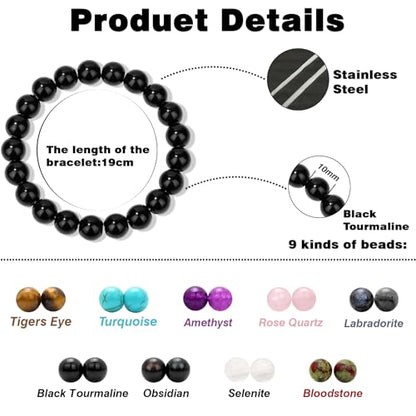 Raicegs 4 6 8MM Beaded Bracelets Healing Crystal Bracelet for Women Men Natural Stone Handmade Stretch Bracelet Reiki Spiritual Jewelry - color: Black Tourmaline, size: 10mm