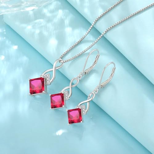 Infinity Necklace 925 Sterling Silver Princess Cut Pendant Birthstone Jewelry for Women - color: Red