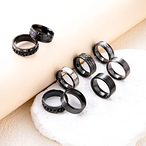 9Pcs Stainless Steel Band Rings for Men Women Fidget Anxiety Relief Rings Spinner Ring Wedding Promise Rings Set - color: Black