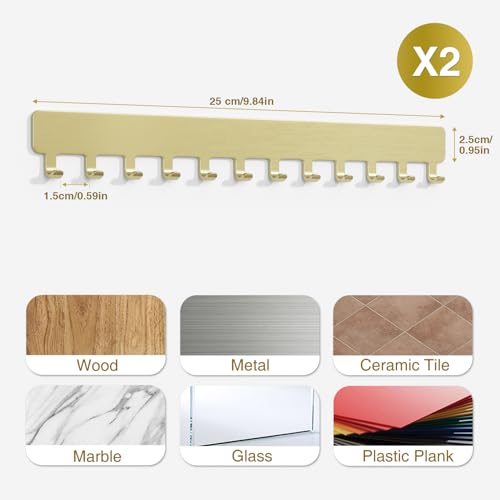 Necklace Holder Wall Mounted,Self Adhesive Jewelry Organizer,2 Pack,Gold | Modern Design,24 Hooks,Self Adhesive No Drilling,Durable 304 Stainless Steel,for bedroom/closet/bathroom/vanity - color: Gold - Brushed