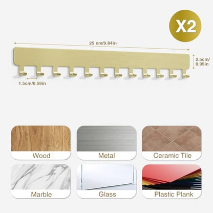 Necklace Holder Wall Mounted,Self Adhesive Jewelry Organizer,2 Pack,Gold | Modern Design,24 Hooks,Self Adhesive No Drilling,Durable 304 Stainless Steel,for bedroom/closet/bathroom/vanity - color: Gold - Brushed