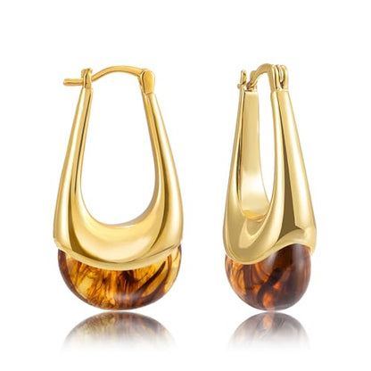 LAXPICOL Gold Chunky Dangle Earrings For Women Resin Stone Earrings Hoop Earrings, 18k Plated Oval Resin Stone Statement Earrings for Women Unique Dangling Teardrop Baroque Huggies Hoop Earrings - color: Brown-Teardrop 1
