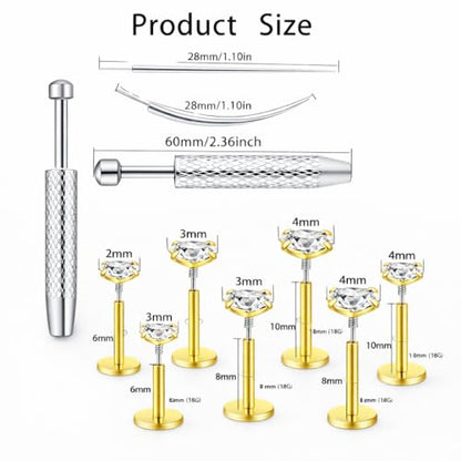 Medusa Piercing Jewelry, 9 Pack Threadless Nose Stud, 316L Surgical Steel Tragus Piercing Jewelry, Flat Back Nose Stud & Earrings Set 20G 18G 16G for Nose, Tragus, Cartilage, Lip, Medusa with Insertion Tool - color: golden