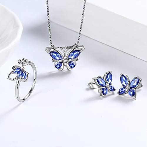 Aurora Tears Butterfly Jewelry,Women 925 Sterling Silver Butterflies Birthstone Pendant Necklace/Earrings/Rings Wedding Gift - color: L.December-set 2
