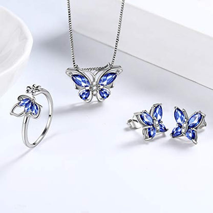 Aurora Tears Butterfly Jewelry,Women 925 Sterling Silver Butterflies Birthstone Pendant Necklace/Earrings/Rings Wedding Gift - color: L.December-set 2