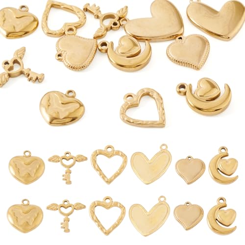 Cheriswelry 18K Gold Plated Heart Pendants Golden Heart Dangle Earring Charms Necklace Pendants Bracelet Keychain Charm Mini Hang Ornament for DIY Craft Jewelry Making - color: 18K Gold Plated D