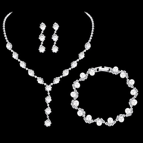 Simulated Pearl Leave Floral Bridal Jewelry Sets, Crystal Wedding Necklace Earrings Bracelet Sets Jewelry Engagement Gift - color: D-Clear
