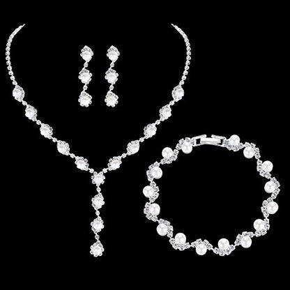 Simulated Pearl Leave Floral Bridal Jewelry Sets, Crystal Wedding Necklace Earrings Bracelet Sets Jewelry Engagement Gift - color: D-Clear