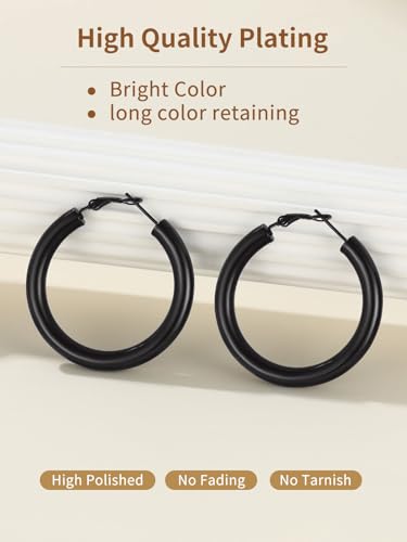 FindChic Hoop Earrings for Women, Silver/Black/14K Gold Plated Hypoallergenic Hollow Round Tube Loop Earrings, 20mm/30mm/40mm/60mm/80mm Chunky Hoops with Custom Name Options & Gift Box - color: a.Black, size: 40MM