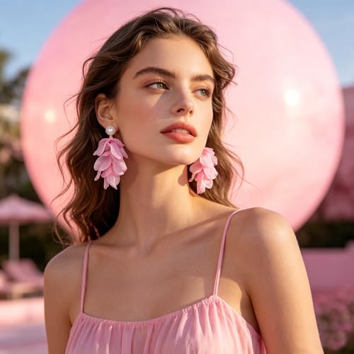 Handmade Bohemian Lightweight Fabric Flower Dangle Drop Earrings Chic Pearl Large Tassel Petal Stud Earrings For Women - color: Light Pink