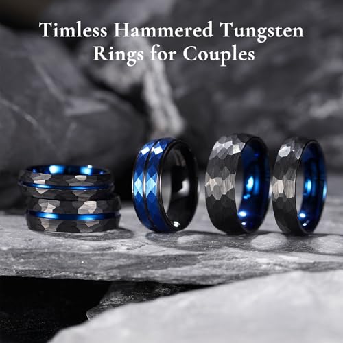 King Will Men's Tungsten Carbide Wedding Ring Hammered Groove Wedding Band Mens Two Tone Engagement Ring for Men and Women Matte Brushed Finish Comfort Fit - color: Black & Blue 8mm