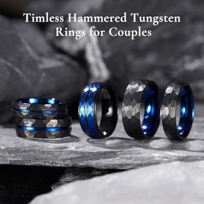 King Will Men's Tungsten Carbide Wedding Ring Hammered Groove Wedding Band Mens Two Tone Engagement Ring for Men and Women Matte Brushed Finish Comfort Fit - color: Black & Blue 8mm