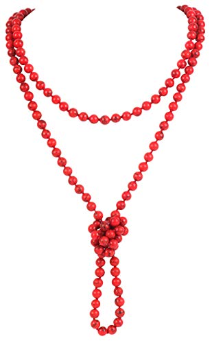 Firstmeet Fashion Beads Rope Knot Long Beaded Necklace Versatile 60" Strand Costume Jewelry for Women - color: Red Tur