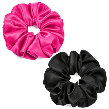 2 PCS Hot Pink Jumbo Satin Silky Scrunchies 6.5 Inches Oversized Scrunchie Extra Large Big Hair Ties Ponytail Holder for Thick Curly Hair Women (Black, Hot Pink) - color: Black, Hot Pink